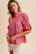 Gameday Gingham Puff Sleeve Henley Blouse- Red