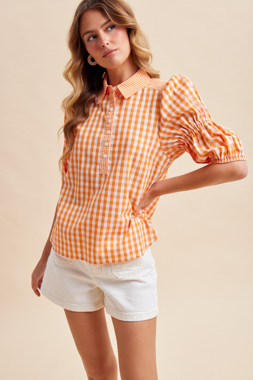 Gameday Gingham Puff Sleeve Henley Blouse