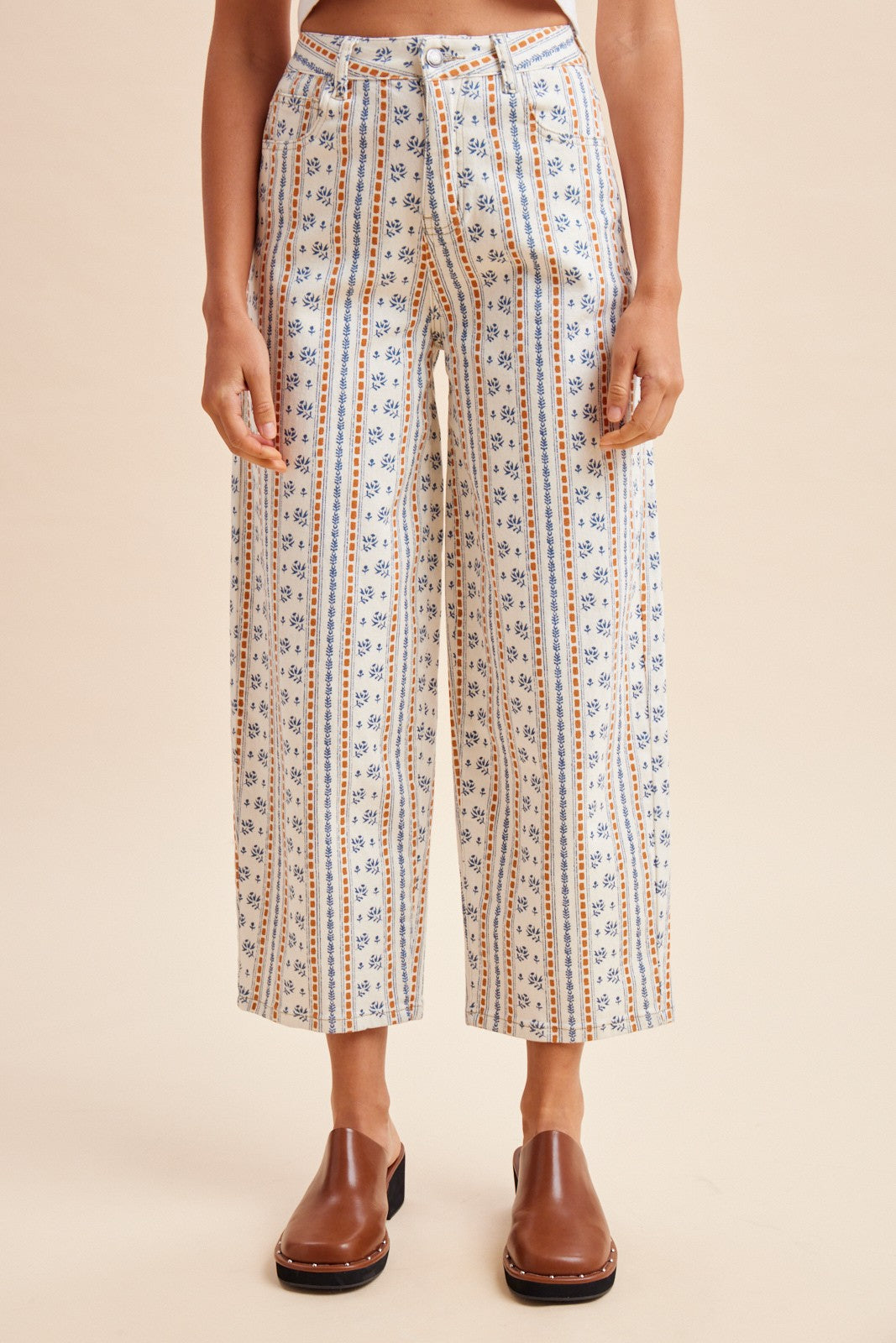 Boho Floral Striped Barre Cropped Denim Pants