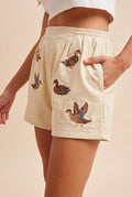 Mallard Duck Embroidery Cream Corduroy Mini Shorts
