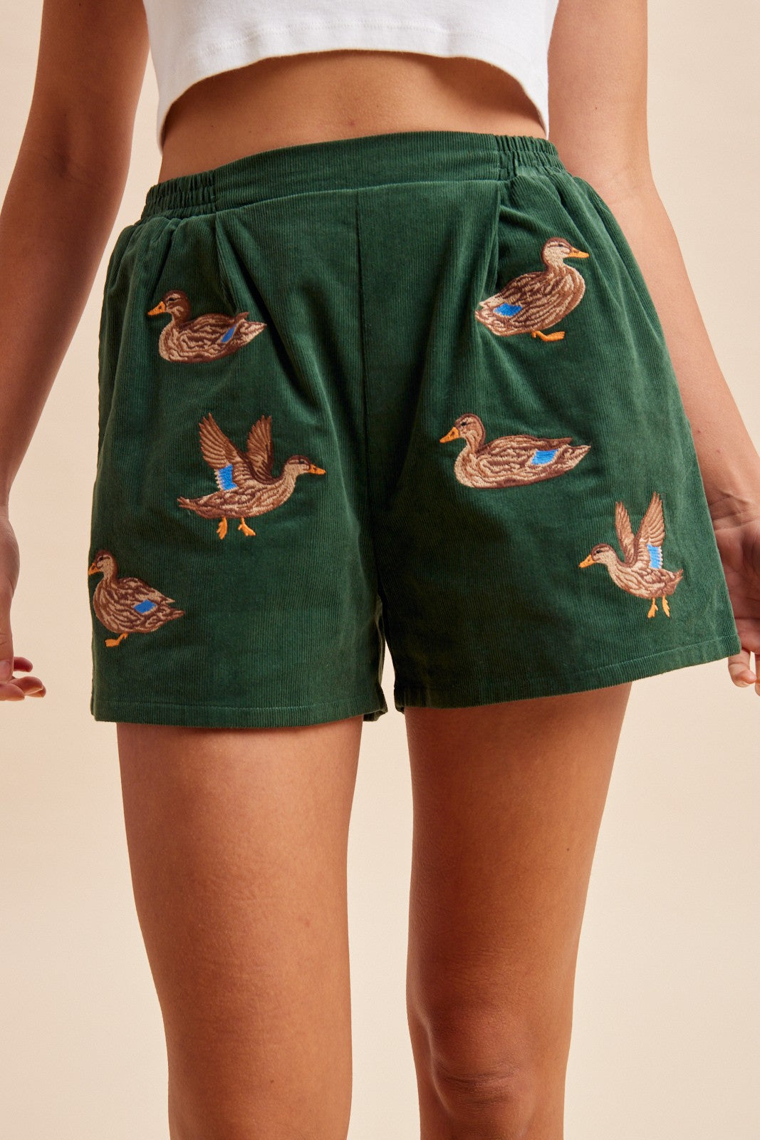 Mallard Duck Embroidery Corduroy Mini Shorts