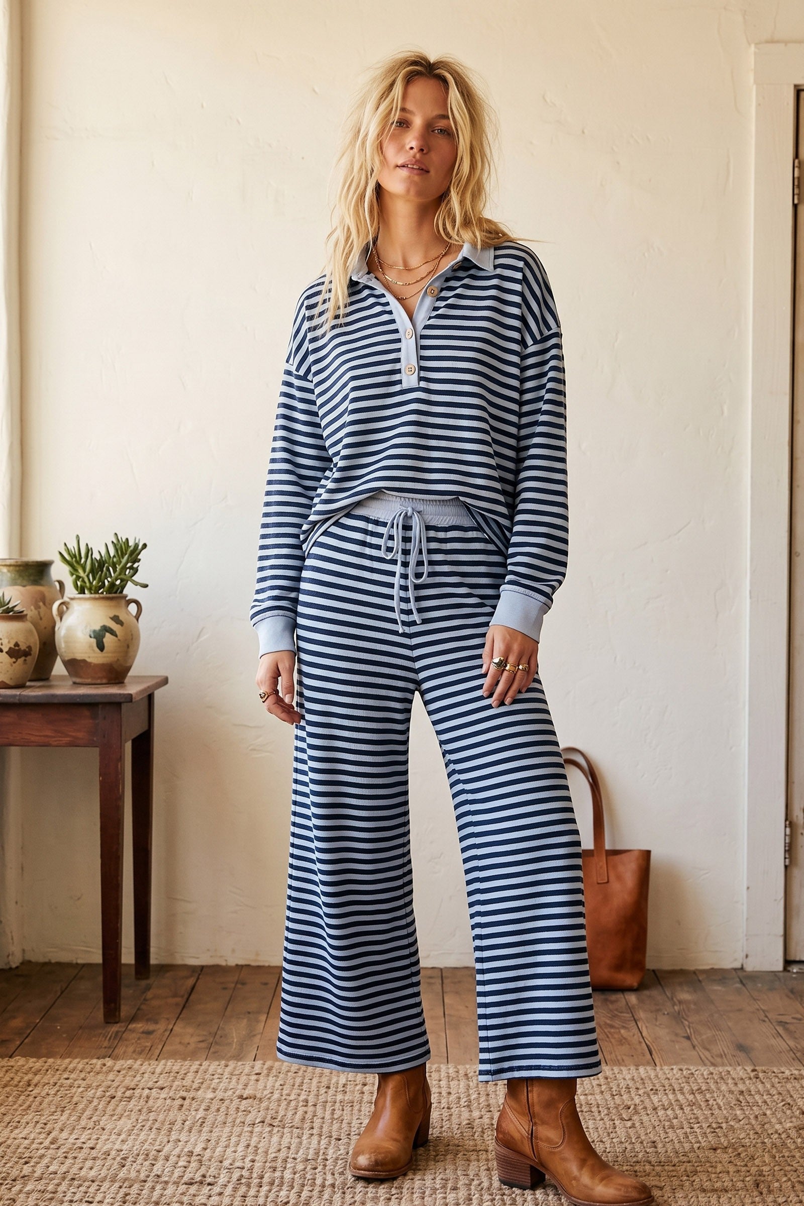 Navy Stripe Soft Touch Lightweight Wide Leg Set