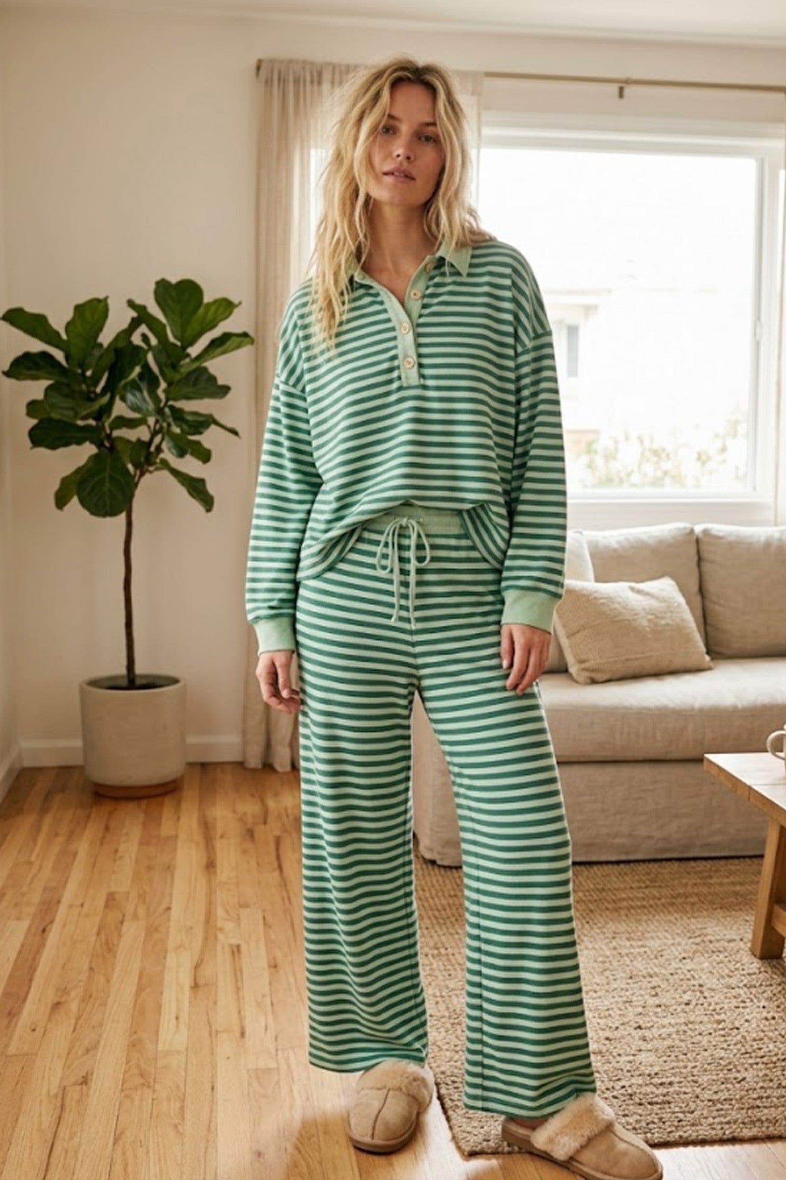 Green Stripe Soft Touch Lightweight Wide Leg Set