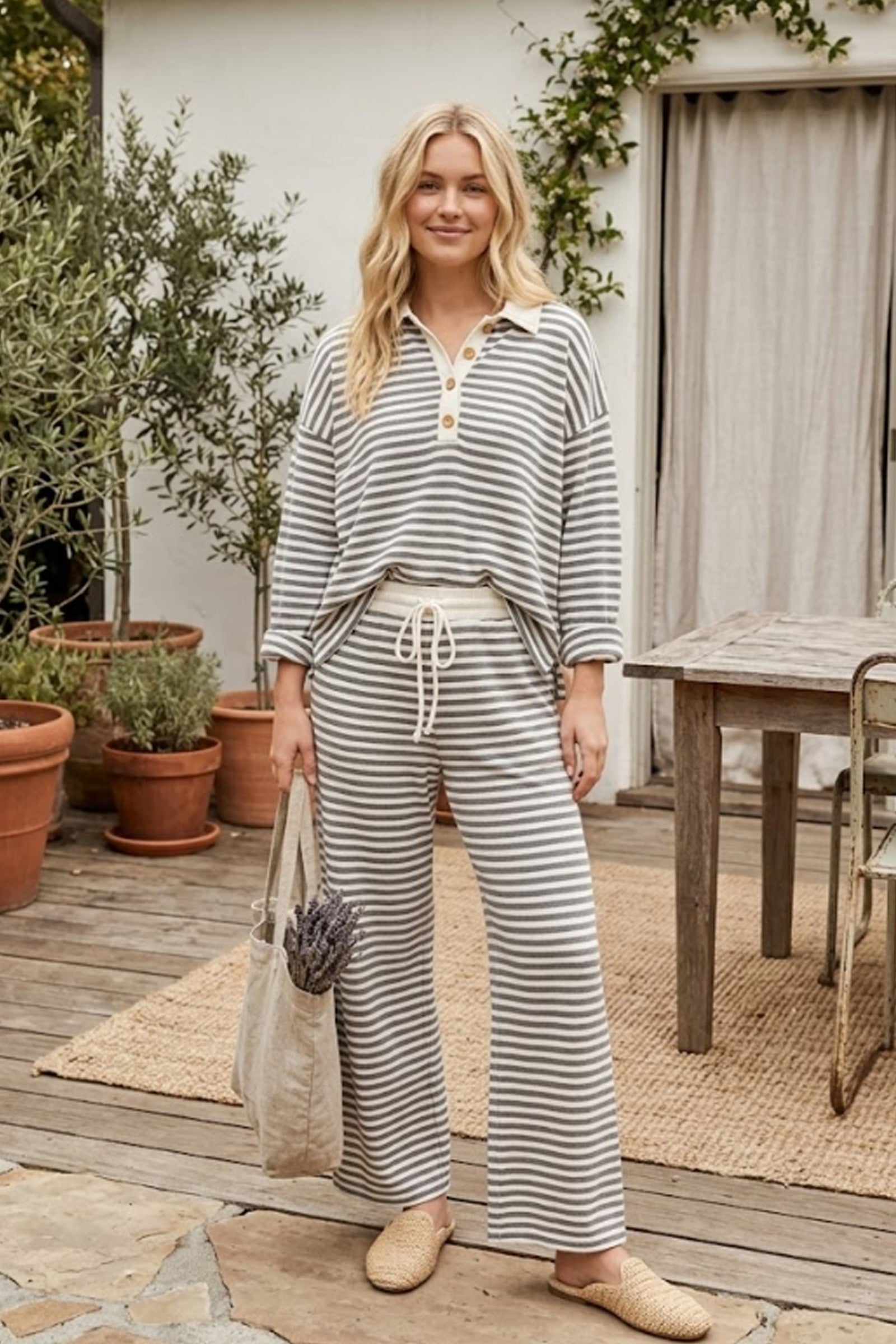 Grey Stripe Soft Touch Lightweight Wide Leg Set