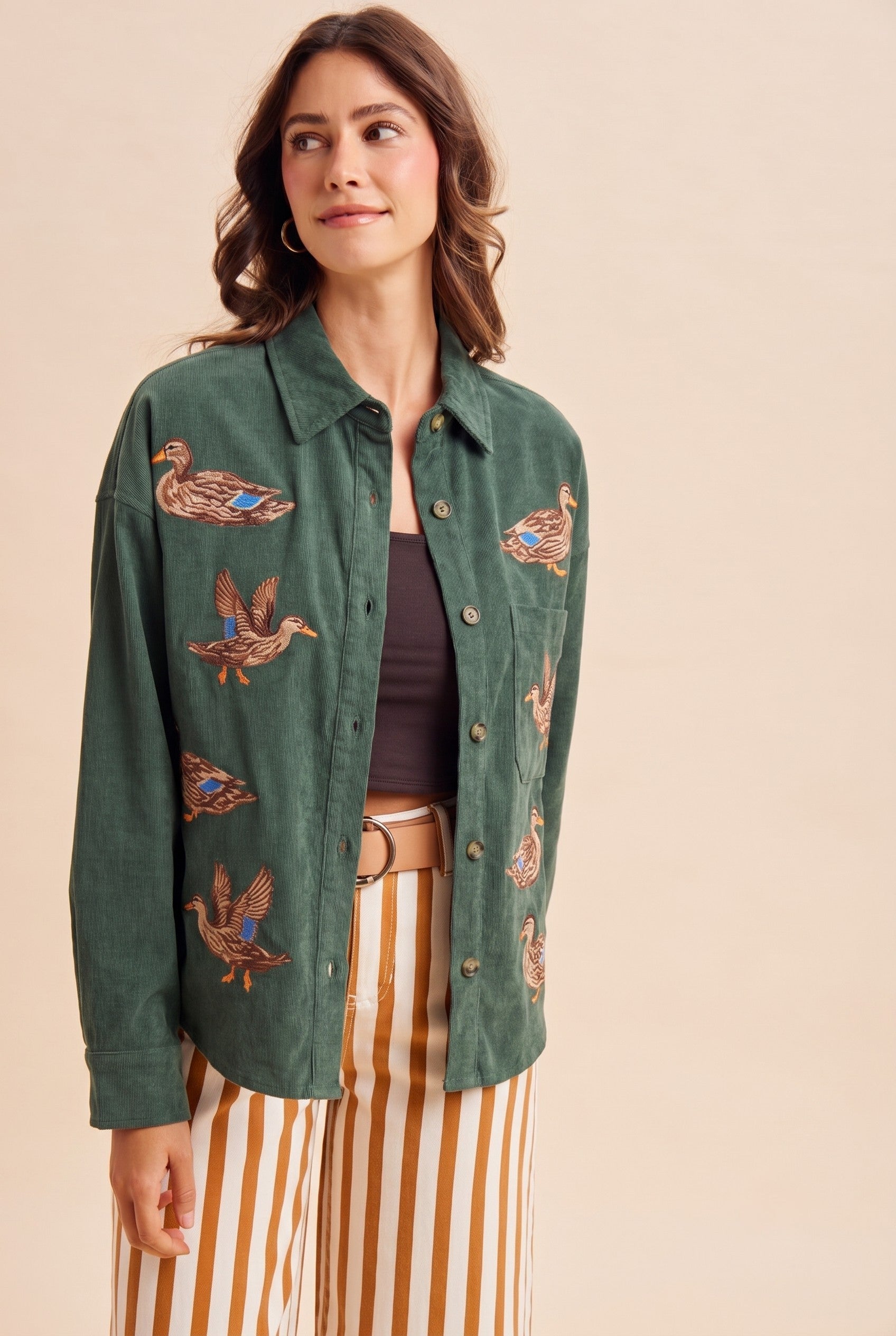 Mallard Duck Embroidery Green Corduroy Shirt