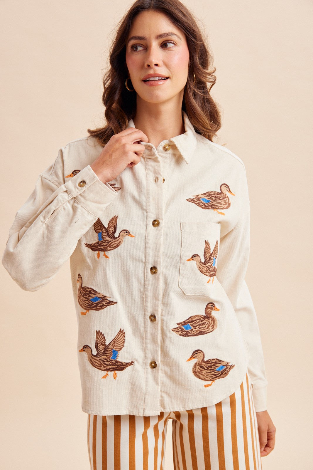 Mallard Duck Embroidery Cream Corduroy Shirt