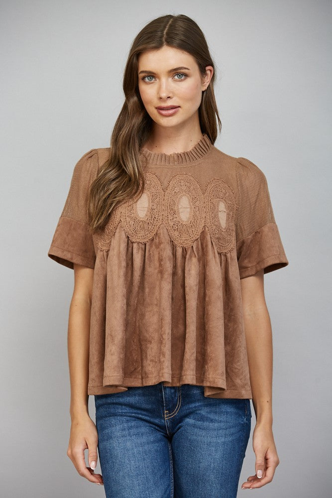 Sheer Mesh Upper Panel Lace Applique Detail Faux Suede Top