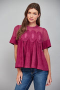 Sheer Mesh Upper Panel Lace Applique Detail Faux Suede Top
