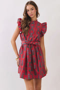 Crimson Floral Ruffle Sleeve Belted Mini Dress