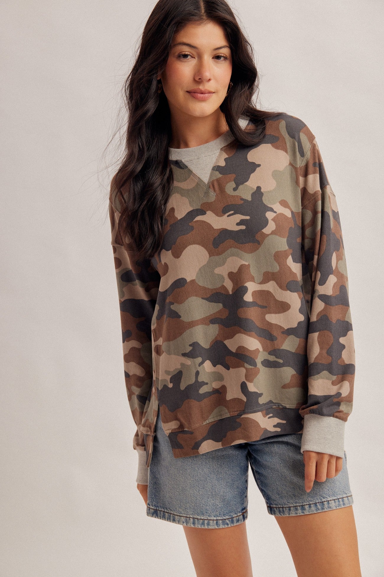 Brushed Texture Camo Sweatshirt With Slit