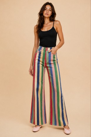 Multi Stripe Retro Inspired Wide Leg Denim Pants