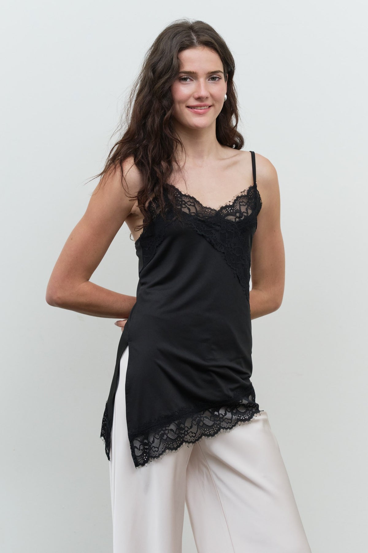 Lace Trim Knit Cami Top-Black