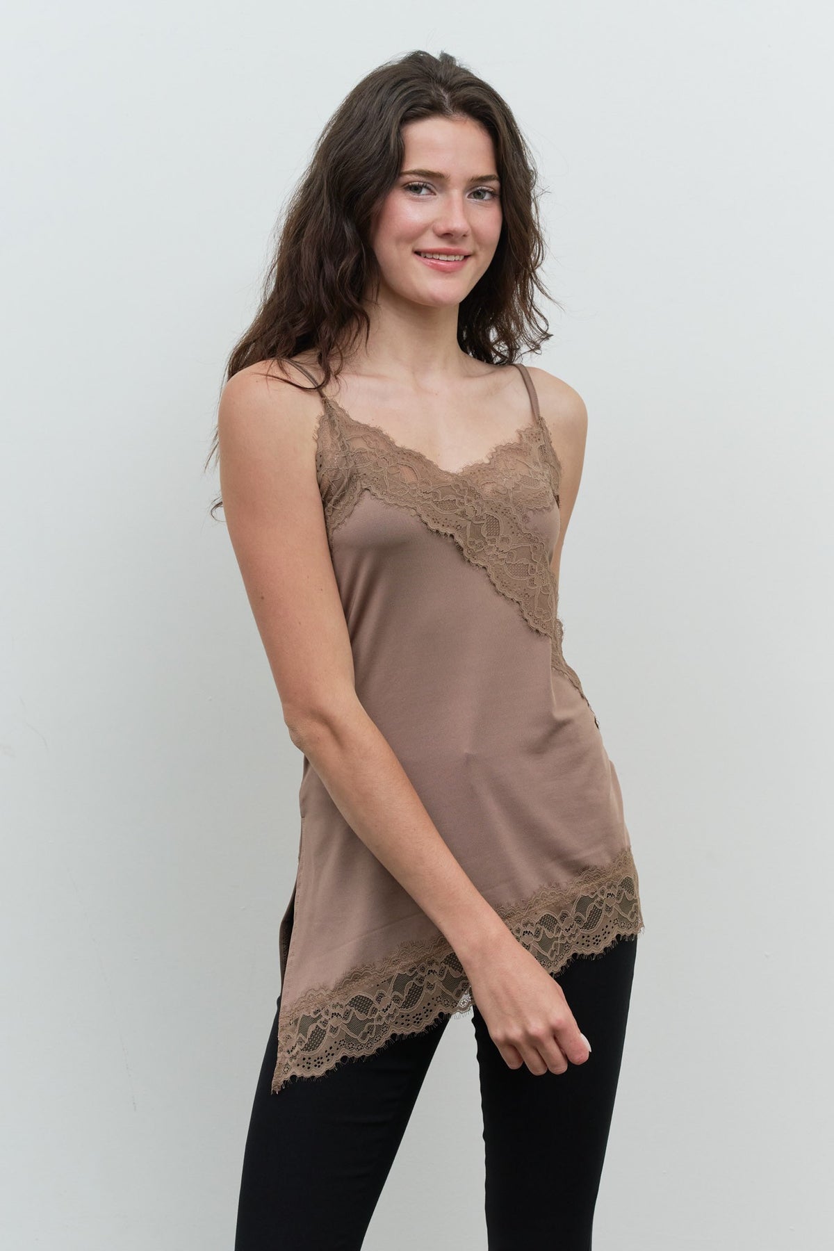 Lace Trim Knit Cami Top-Taupe