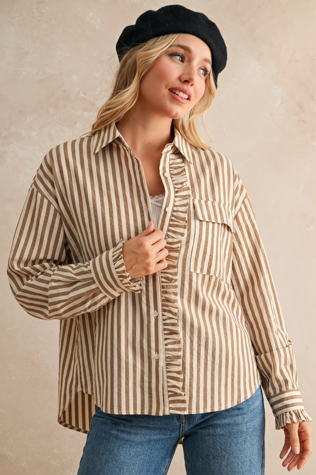 Ruffled Hide Button Down Shirt