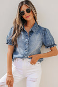 Ruffle Short Puff Sleeve Summer Chambray Shirt