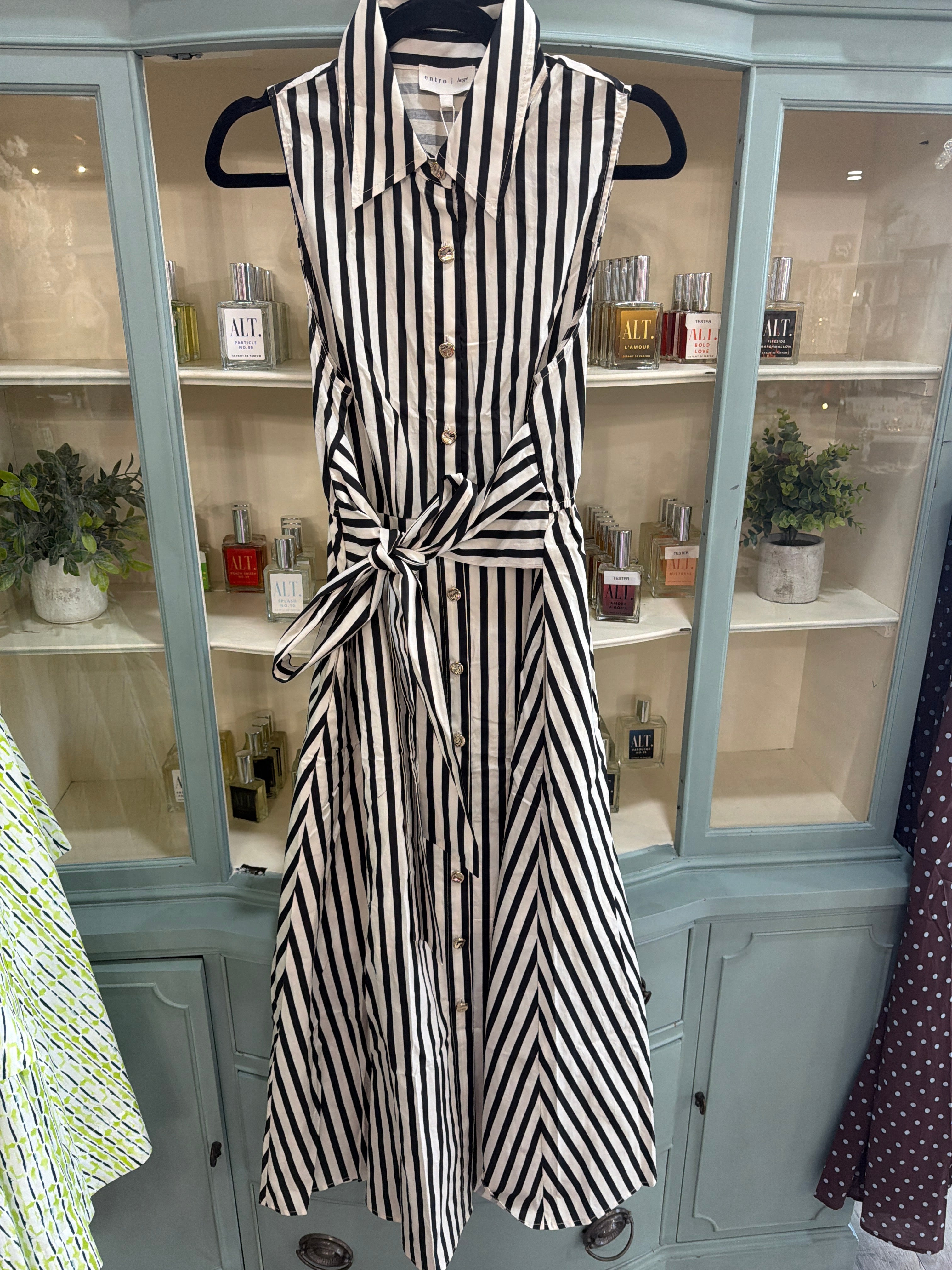 Black Striped sleeveless collared midi dress featuring elasticated waist