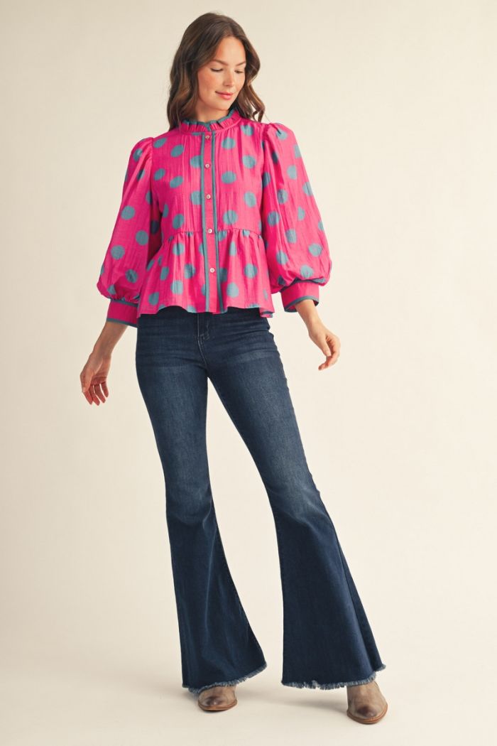 cotton candy puff sleeve dot top