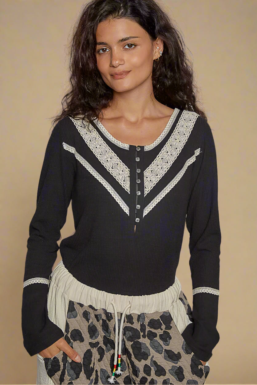 Ribbed Half Button Lace Detail Knit Top