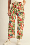 Drawstring waist big floral print barrel pants