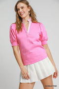 Puffed Sleeve Contrast Striped Collared Top - Pink