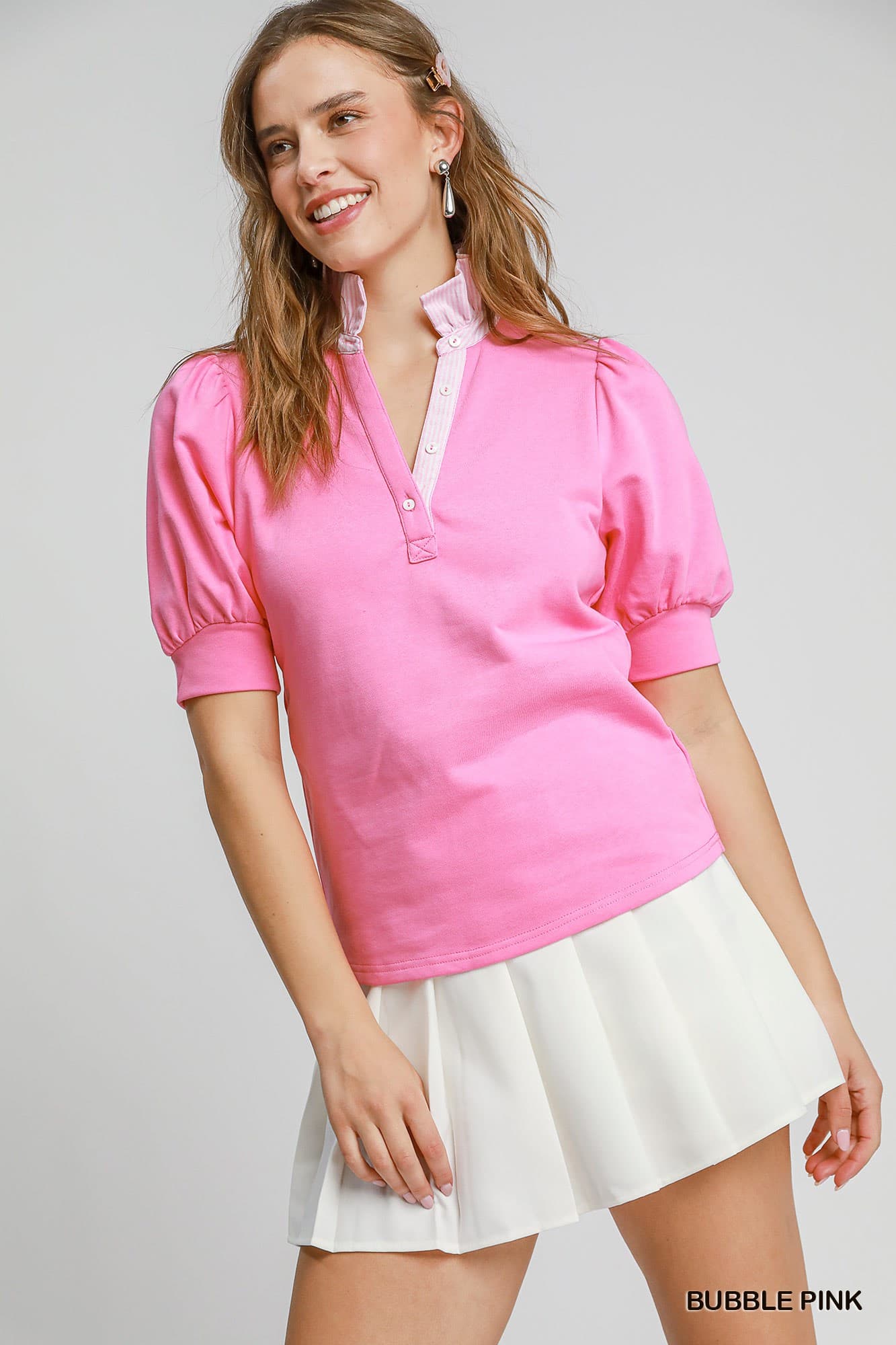 Puffed Sleeve Contrast Striped Collared Top - Pink