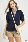Puffed Sleeve Contrast Striped Collared Top - Navy