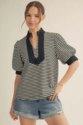 Short puff sleeves high neck stripe top with solid contrast