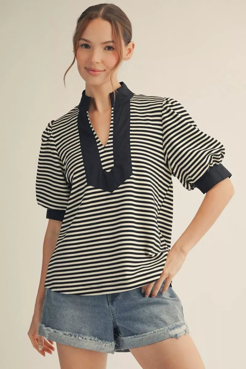 Short puff sleeves high neck stripe top with solid contrast