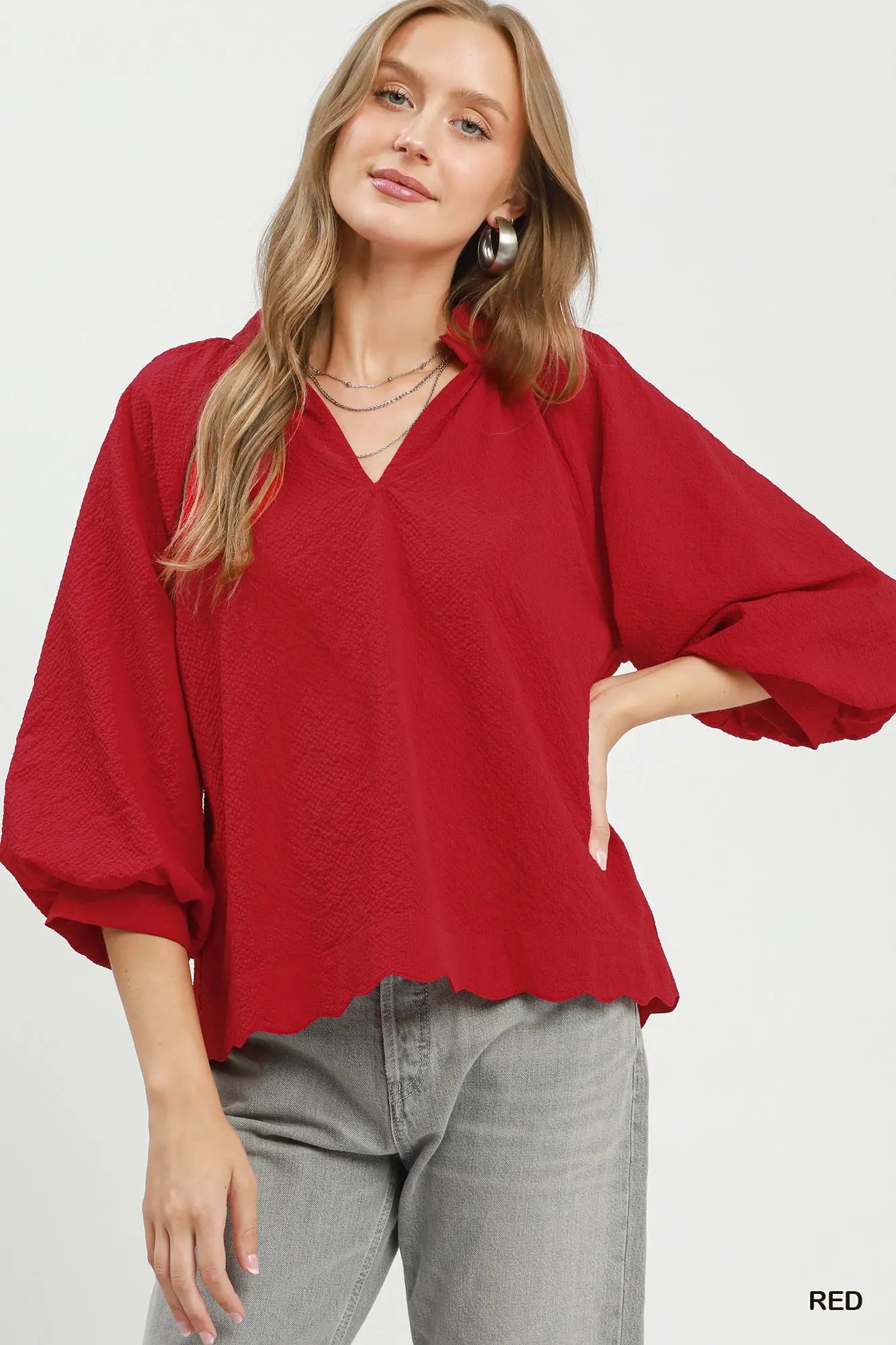 Split V Neck Top with Balloon Sleeves