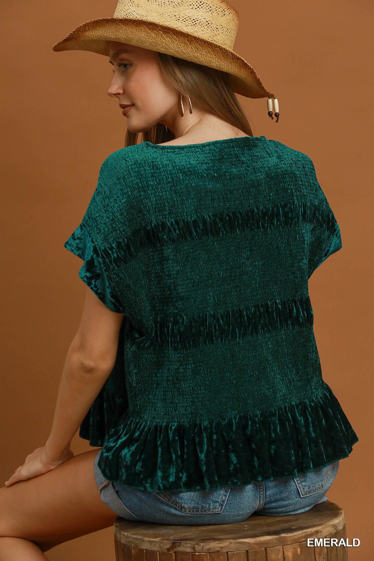 Velvet Ruffle Hem Smocked Blouse
