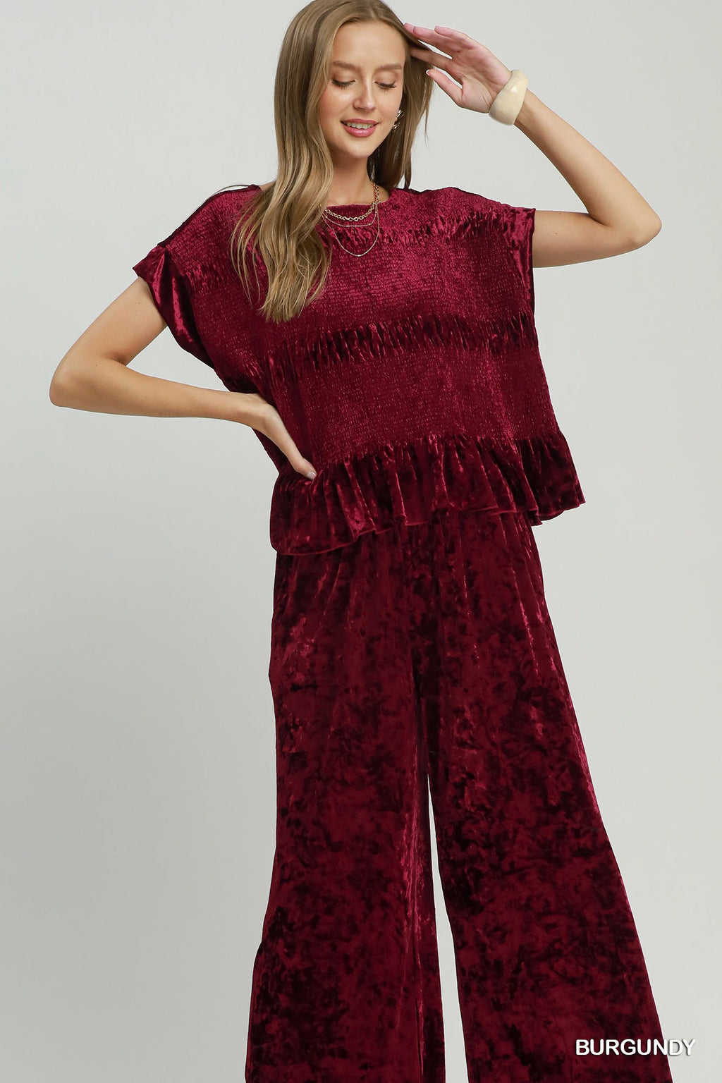 Velvet Ruffle Hem Smocked Blouse Burg