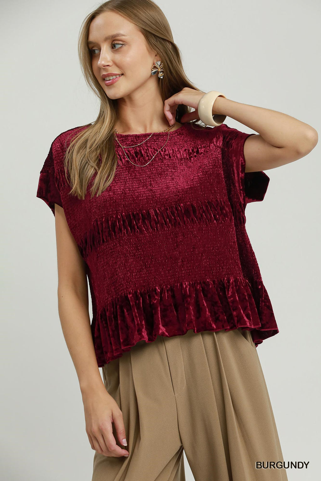 Velvet Ruffle Hem Smocked Blouse Burg