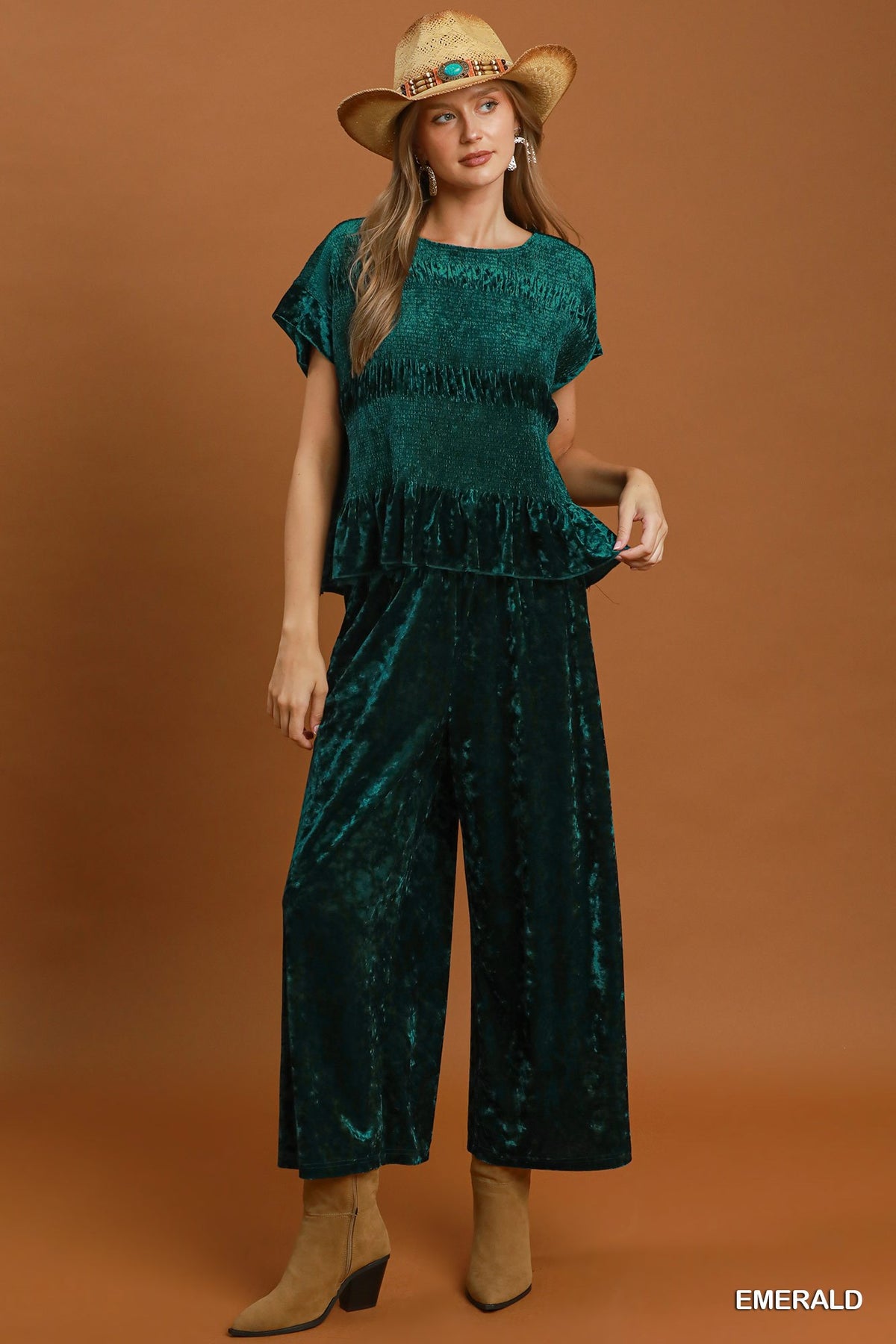 Velvet Wide Leg Pants - emerald