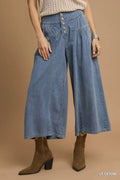 Stone Washed Wide-Leg Button-Front Culottes