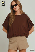 Brown Double Lined Bubble Sleeve & Hem Top