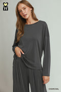 Viscose Blend Round Neck Long Sleeve With Back Box Pleat