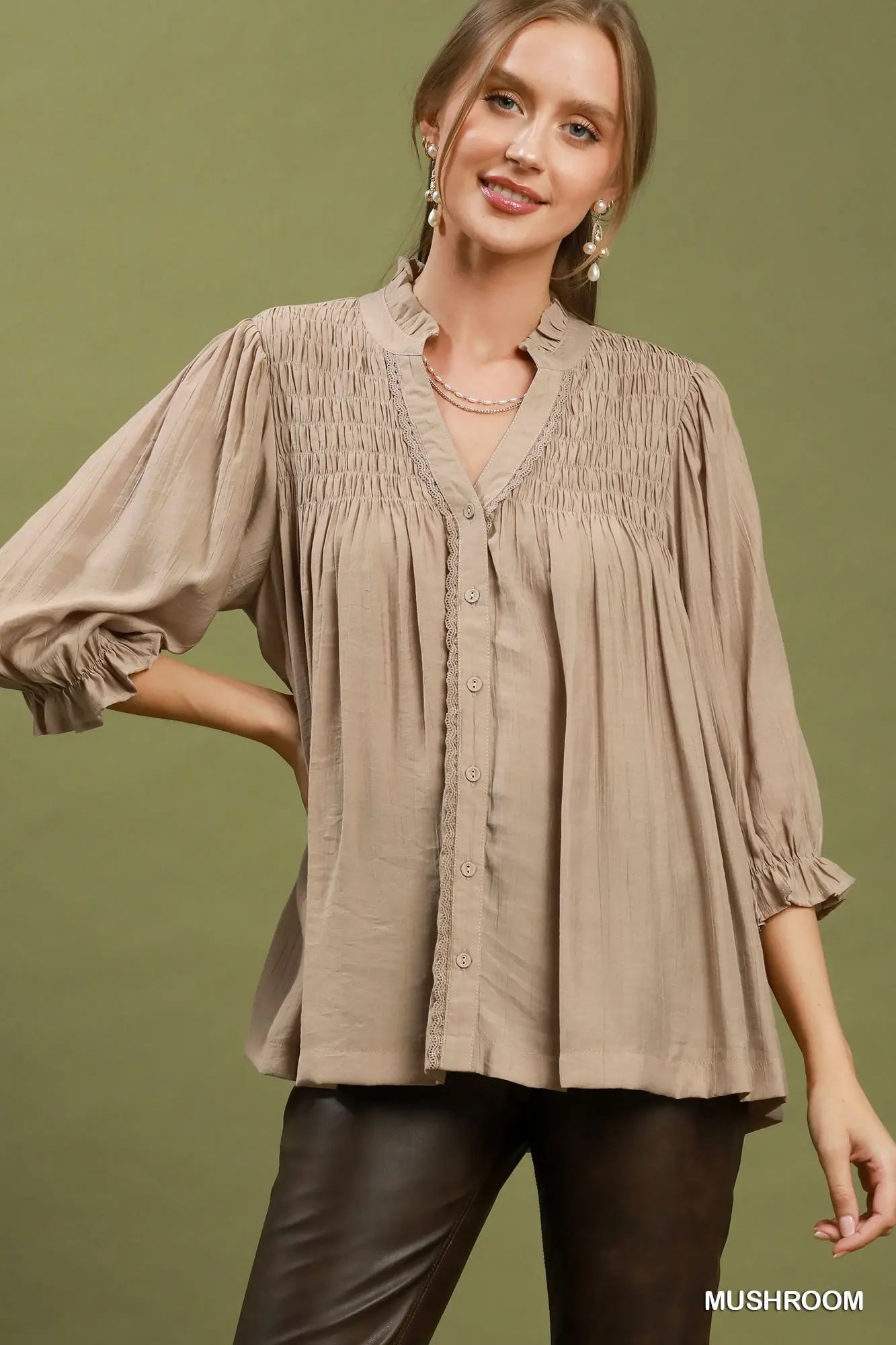 Smocked Yoke Button Front Blouse