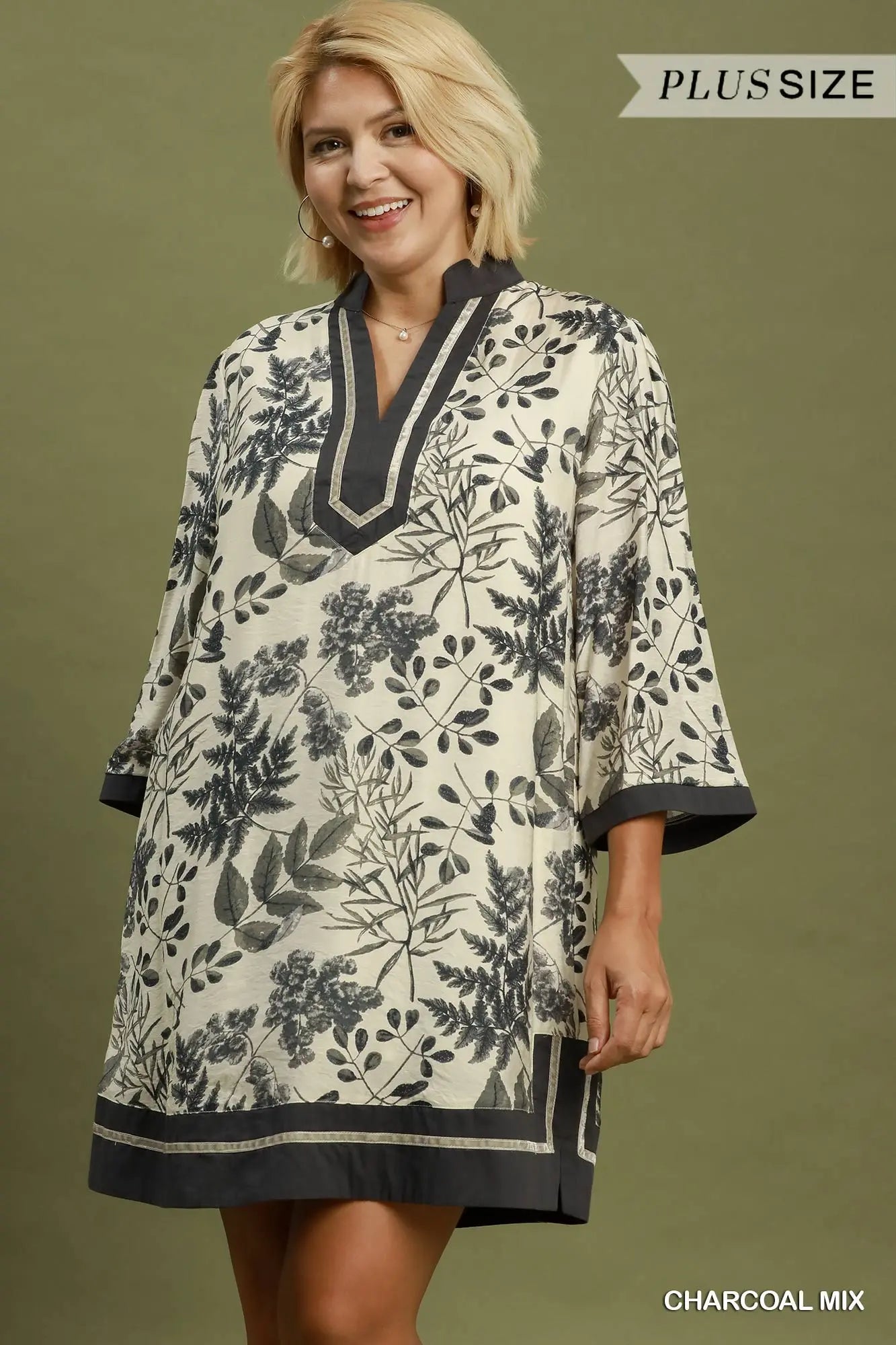 PLUS SIZE Mix Botanical Print Contrast Trim Shift Dress
