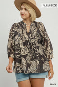 PLUS SIZE Paisley Print Smocked Neck Flowy Boho Top