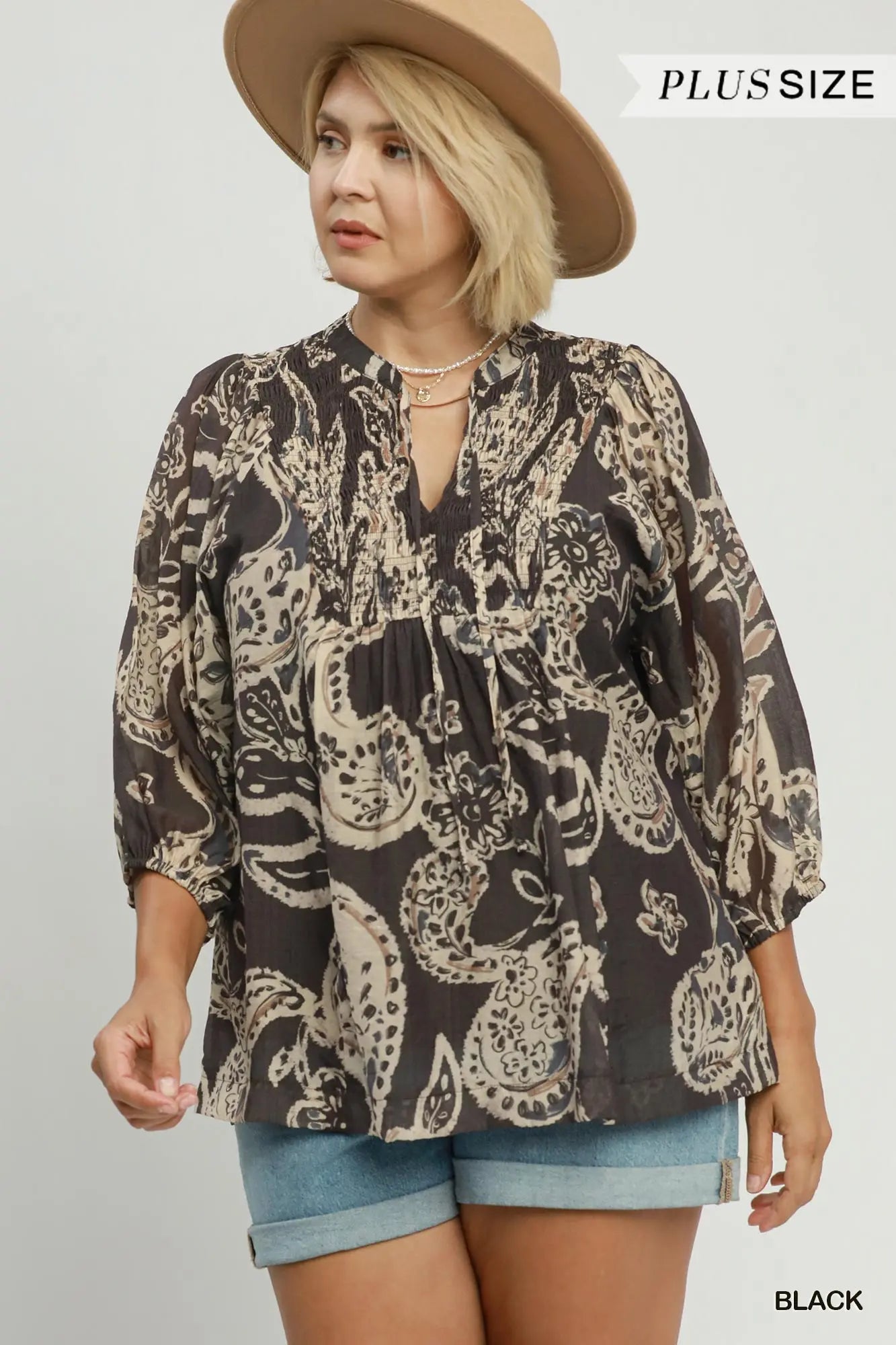 PLUS SIZE Paisley Print Smocked Neck Flowy Boho Top