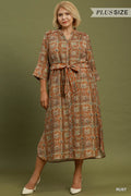 PLUS SIZE Abstract Print Button-Front Tie Waist Midi