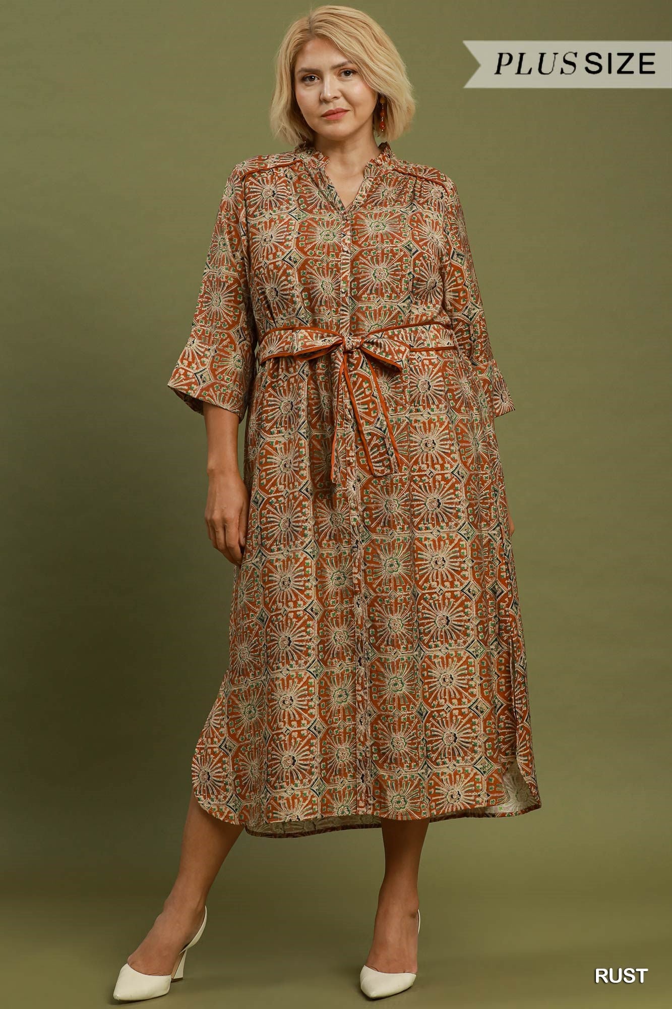 Abstract Pint Button-Front Tie Waist Midi Dress
