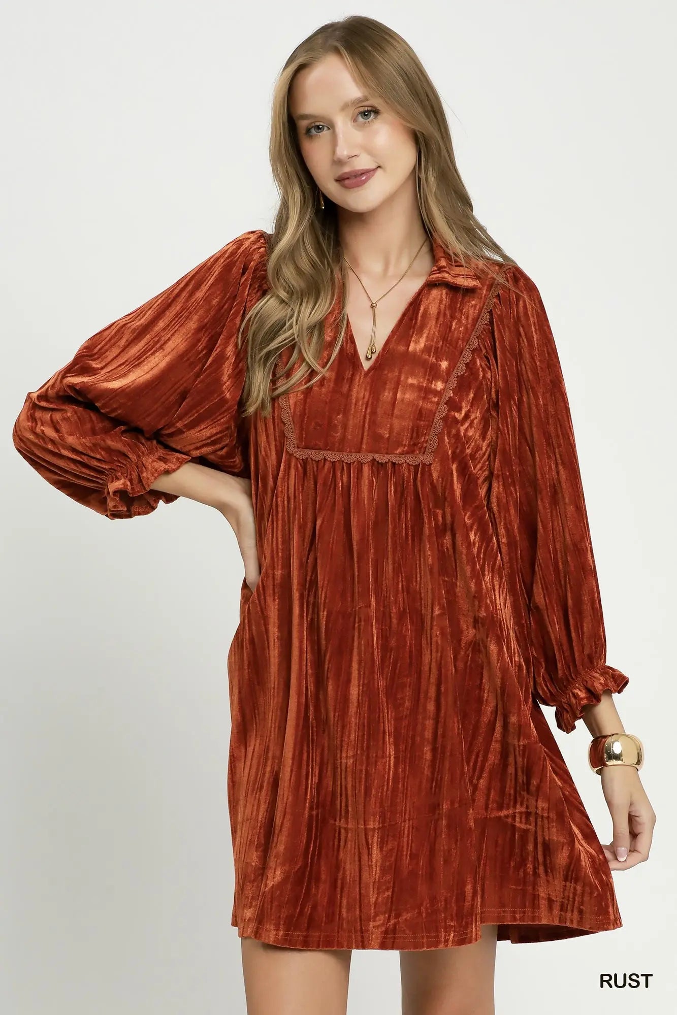 Velvet Babydoll Mini Dress with Lace Trim