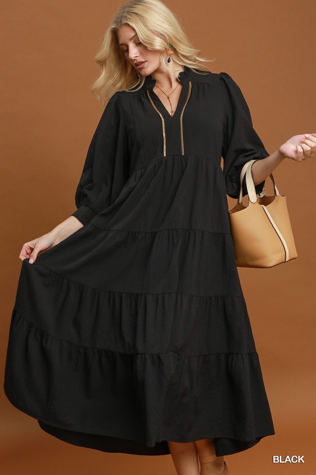 Seersucker Tiered Maxi Dress with Ruffle Collar