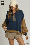 LUXEKNIT Plaid Contrast Long Sleeve Pullover