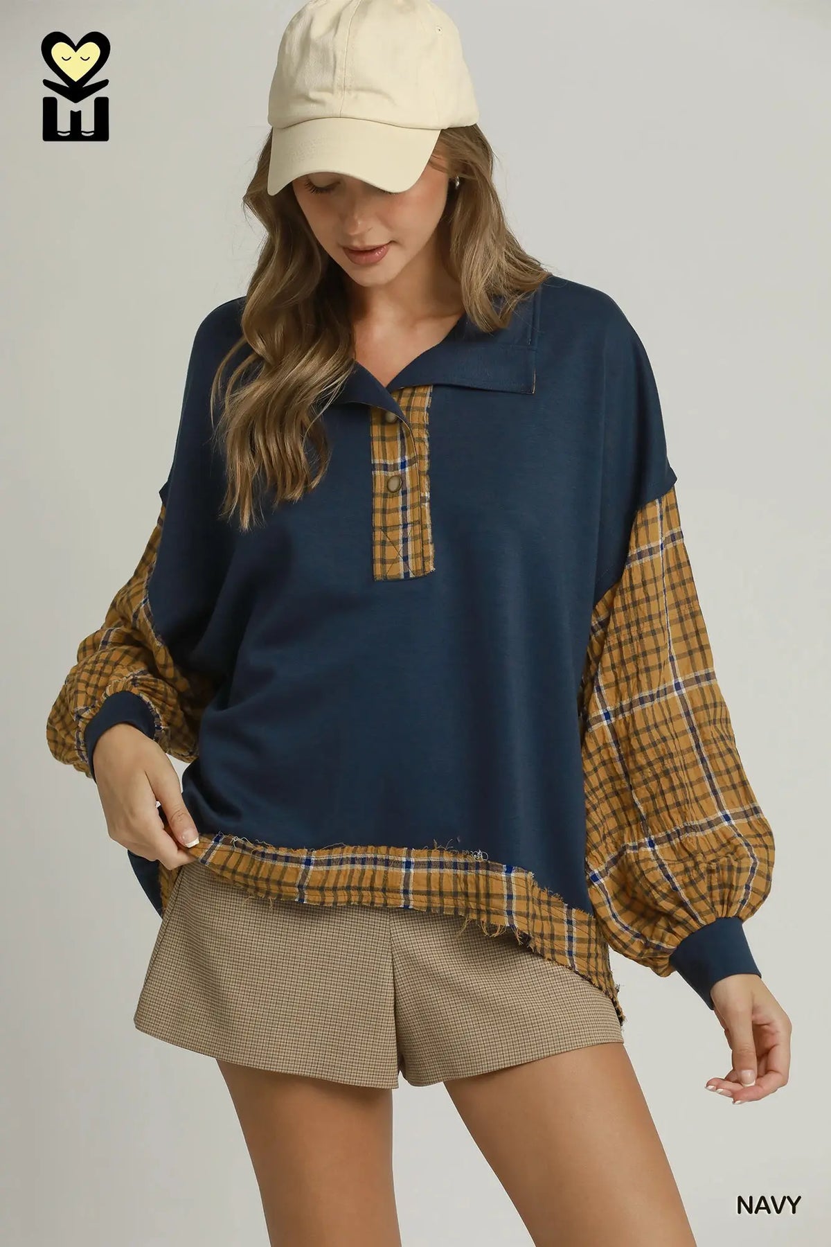 LUXEKNIT Plaid Contrast Long Sleeve Pullover