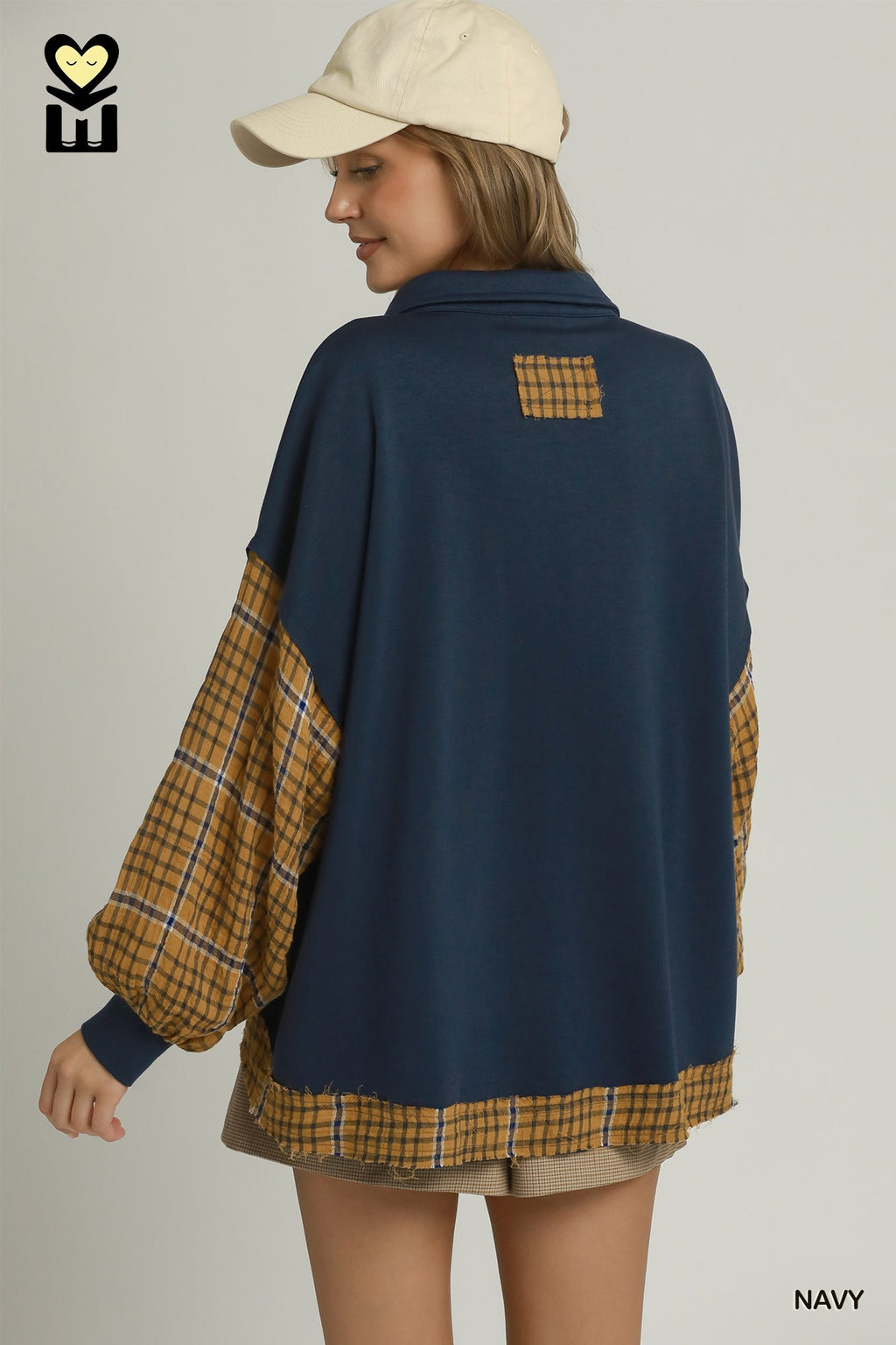 LUXEKNIT Plaid Contrast Long Sleeve Pullover