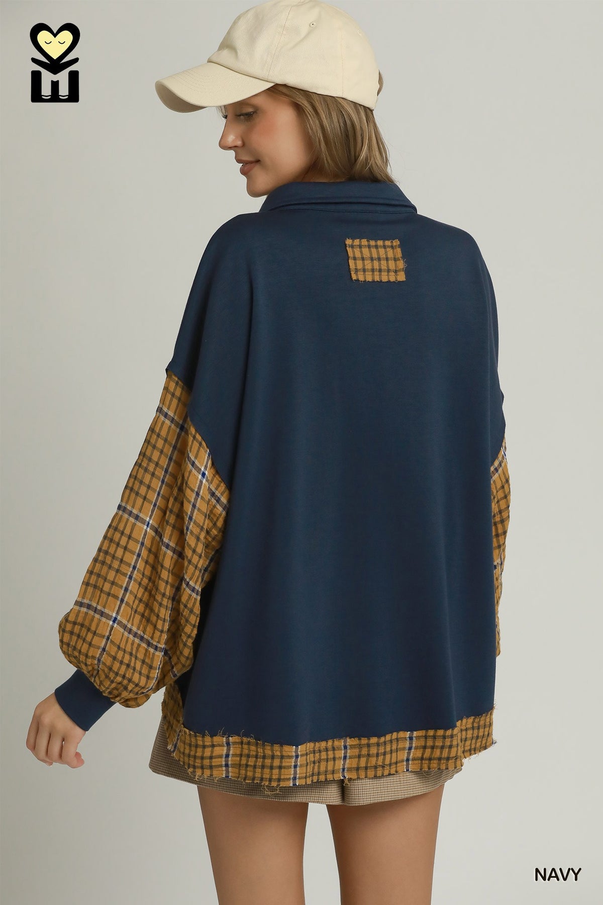 LUXEKNIT Plaid Contrast Long Sleeve Pullover