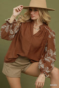 Floral Embroidered Balloon Sleeve Button-Down Blouse