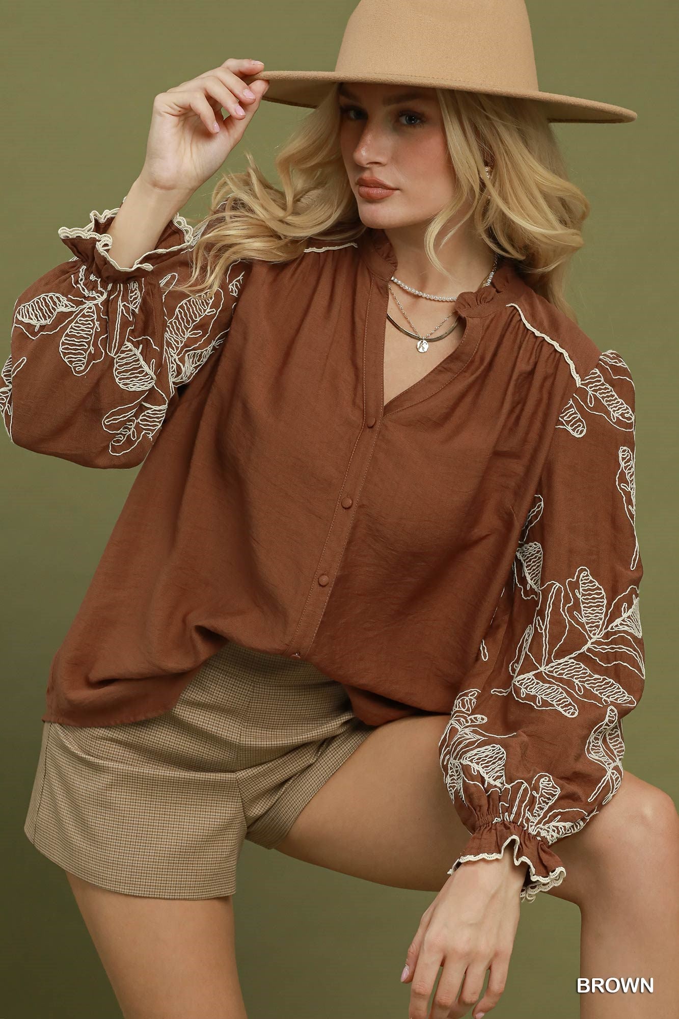 Floral Embroidered Balloon Sleeve Button-Down Blouse